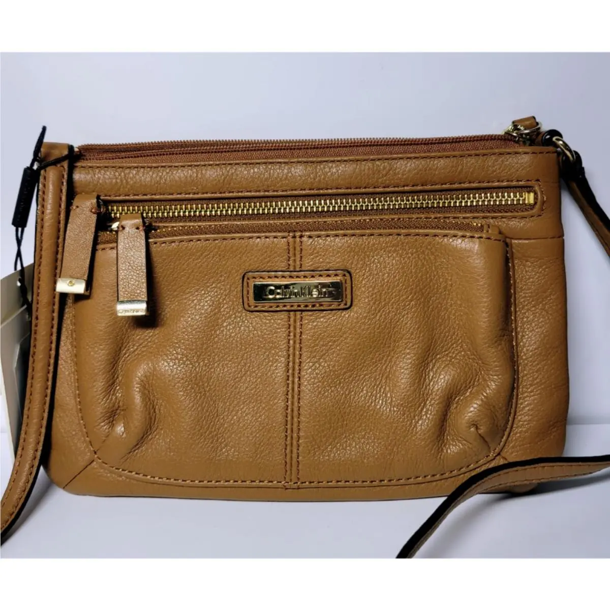 Calvin Klein Small Leather Carmel Crossbody Bag Purse Adjustable Strap