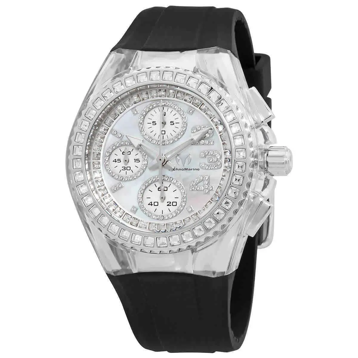 Technomarine Cruise Glitz Women`s 40mm Mop 217 Crystals Chrono Watch TM-121055 - Dial: Multicolor, Silver, White, Band: Black, Bezel: Silver, White