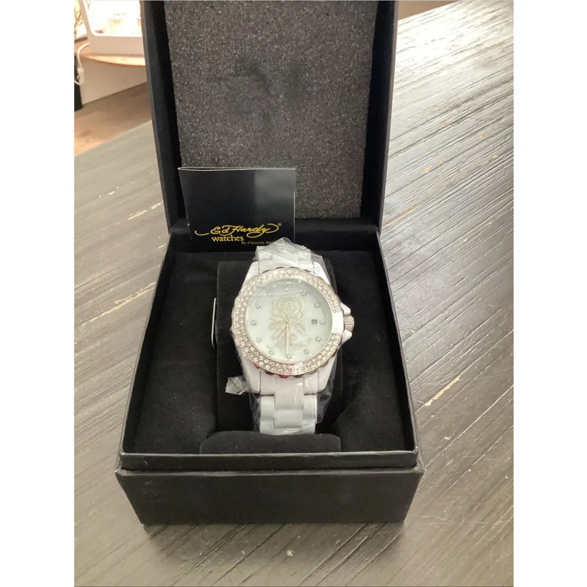 Ed Hardy Ladies Mop/white Silver with Rhinestones Watch Analog