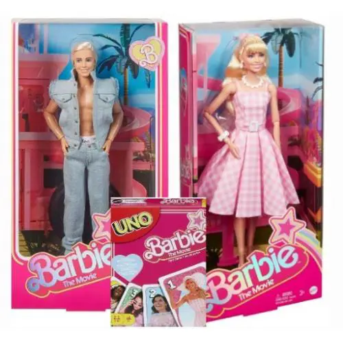 Barbie The Movie Collectible Ken Wearing Denim Matching W/gingham Doll Uno Set