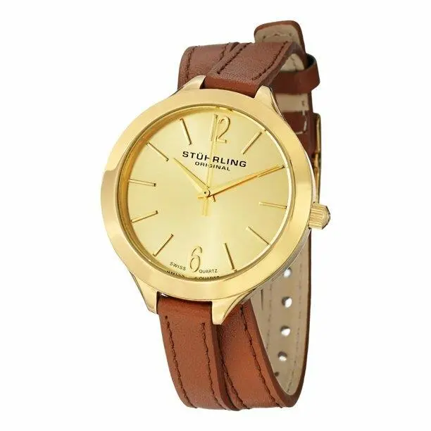 Stuhrling 568.04 Analog Deauville 23K Gold Plated Brown Leather Watch F1333 by Stührling