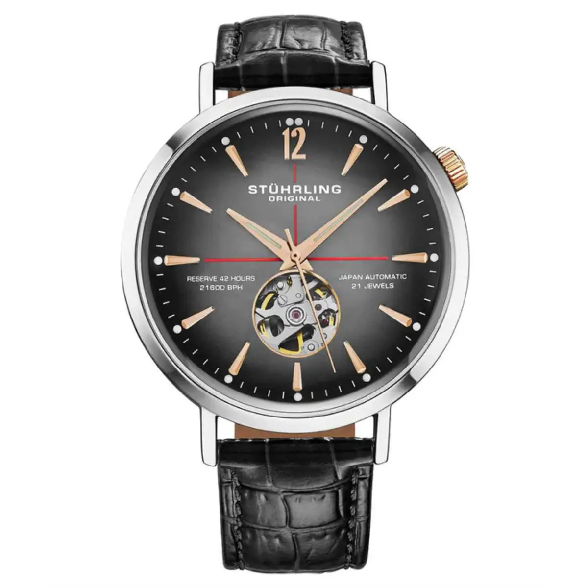 Stuhrling 1021 03 Quasar Skeleton Automatic Black Leather Strap Mens Watch
