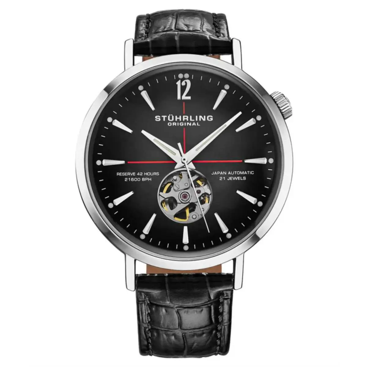 Stuhrling 1021 01 Quasar Skeleton Automatic Leather Strap Mens Watch