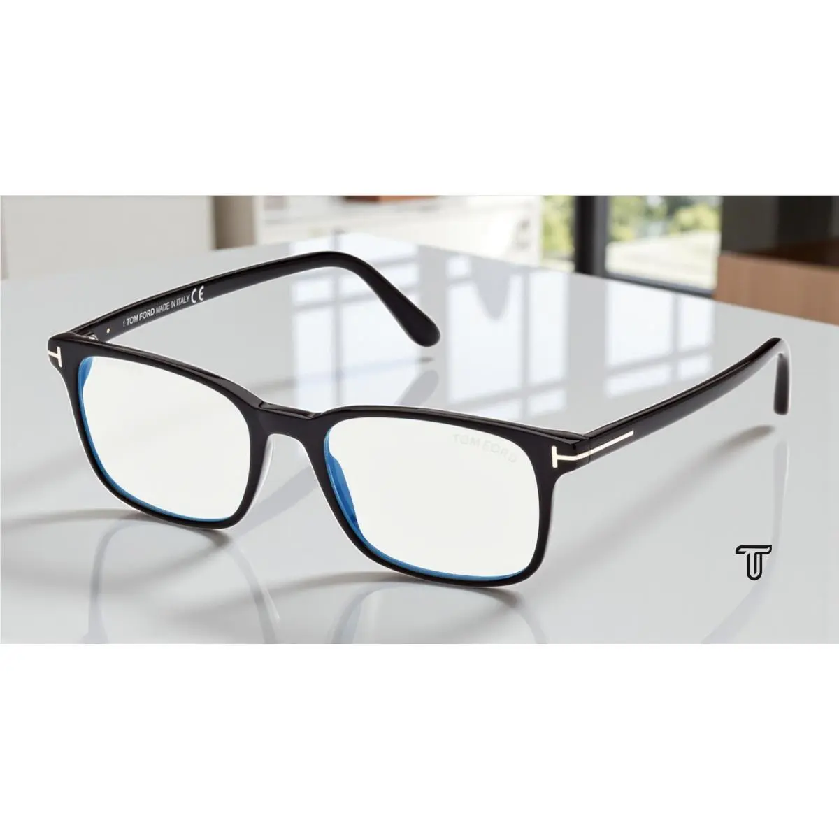 Tom Ford FT5831 B 001 Plastic Shiny Black Blue Block Lens 53 mm Men`s Eyeglasses