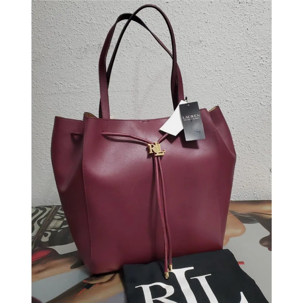 Lauren Ralph Lauren Red Leather Andie Large Drawstring Womens Tote Bag