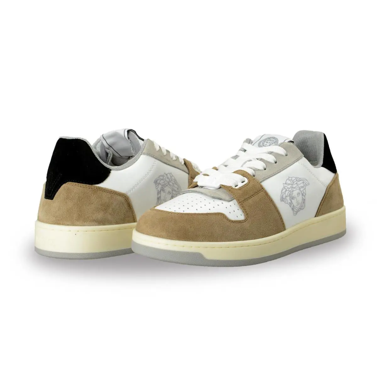 Versace Men`s Medusa Logo Multi-color Suede Leather Sneakers - White/Brown/Black