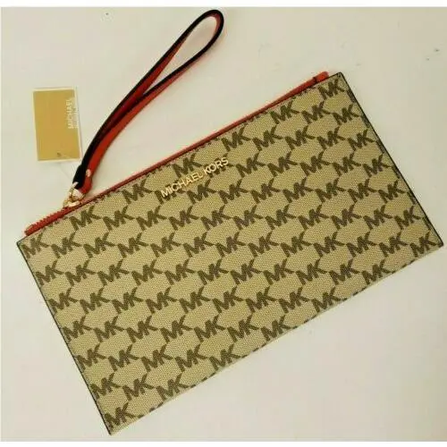 Jet Set Wristlet Clutch Bag Zipped Leather and Pvc MK MK logo Sand & Dark Sangria by Michael Kors