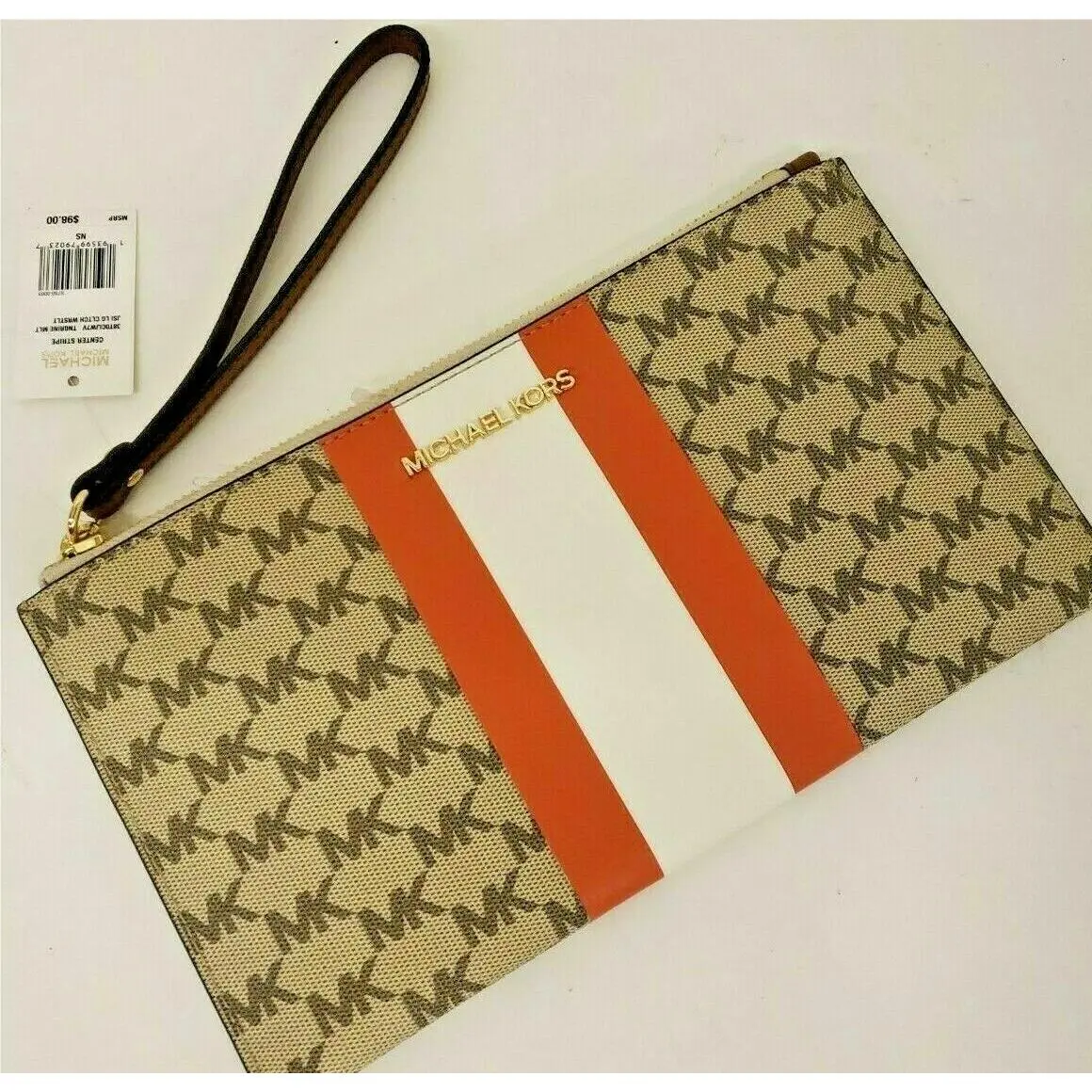 Jet Set Wristlet Clutch Bag Zipped Leather and Pvc MK MK Logo Sand & Tangerine (PVC) by Michael Kors