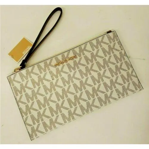 Jet Set Wristlet Clutch Bag Zipped Leather and Pvc MK MK logo vanilla & luggage by Michael Kors