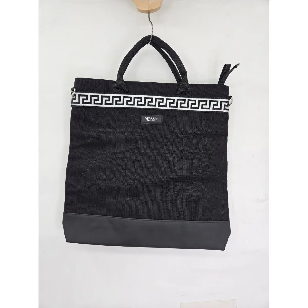 Versace Perfume Black Silver Institutional Canvas Shoulder Bag Tote Handbag