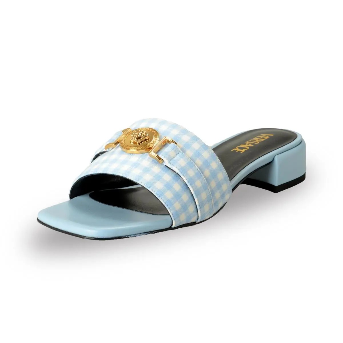 Versace Women`s Blue Leather Gold Medusa Sandals Flip Flop Shoes US 10 IT 40 - Blue/White/Gold