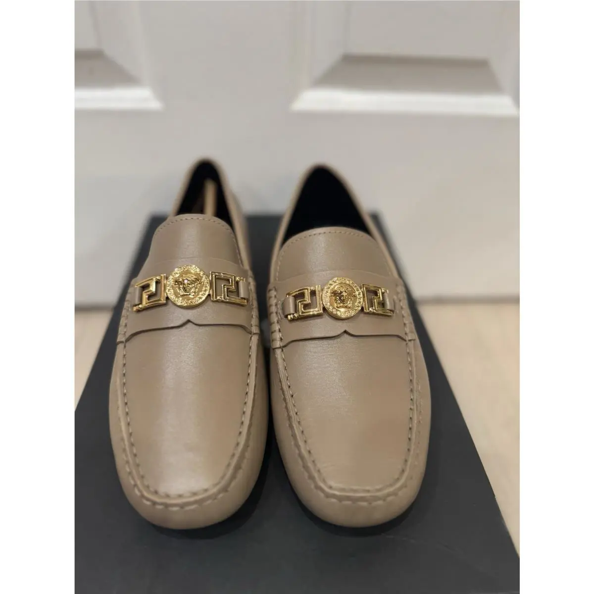 Versace Men`s Taupe Leather Gold Medusa Slip On Loafers Shoes US 8