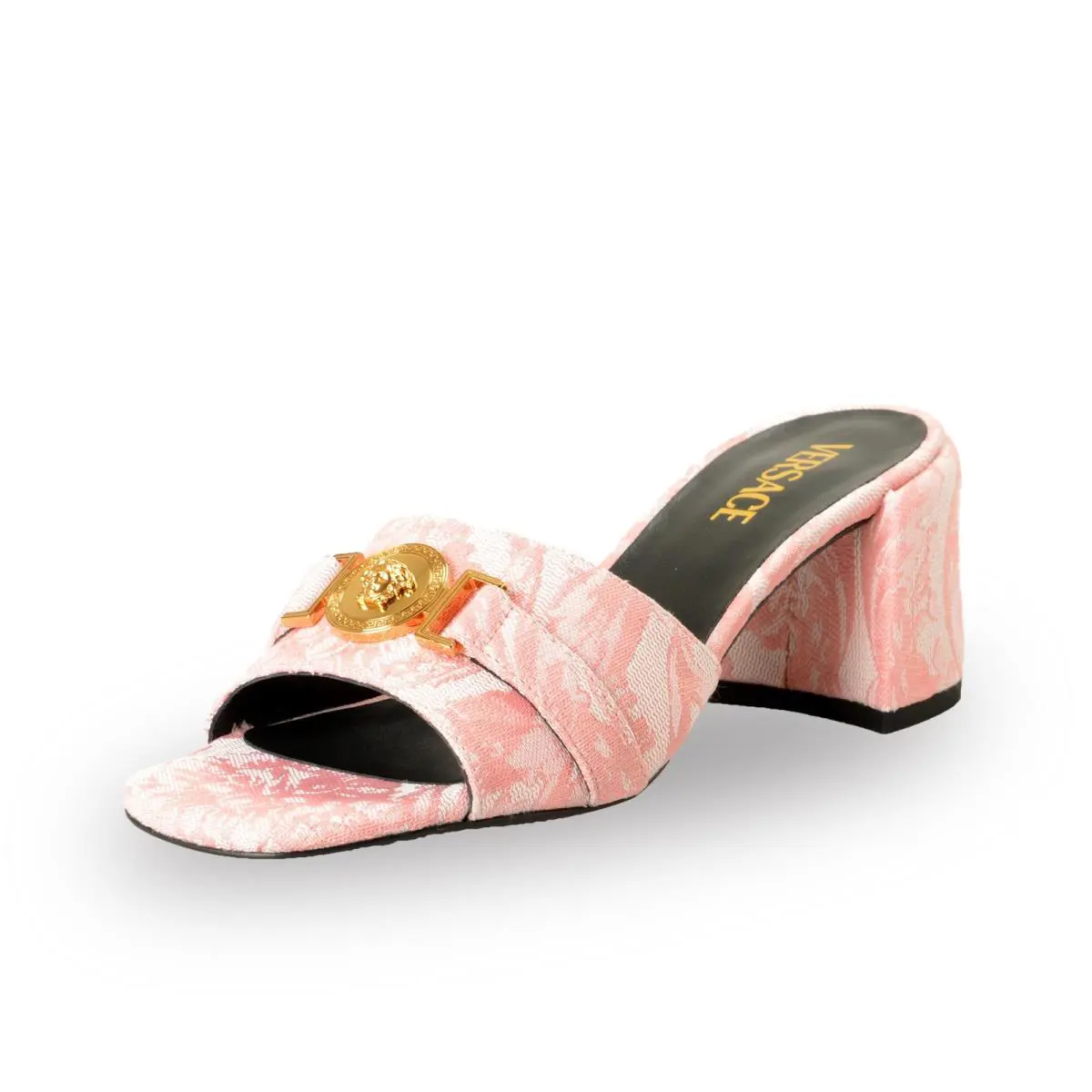 Versace Women`s Baby Pink Gold Medusa Jacquard Sandals Mules Shoes US 9 IT 39 - Baby Pink