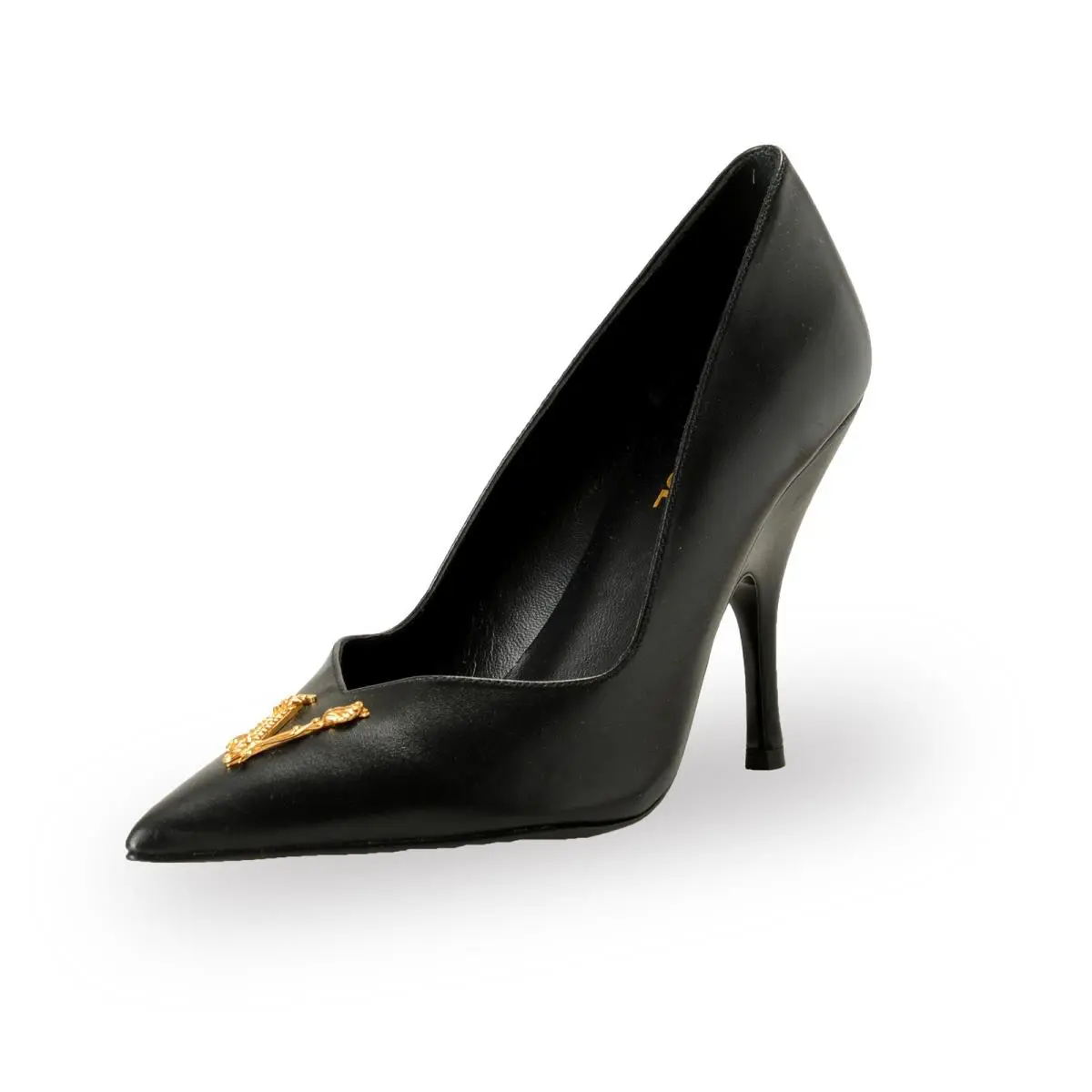 Versace Women`s Black Leather V-logo High Heel Pumps Shoes US 7 IT 37