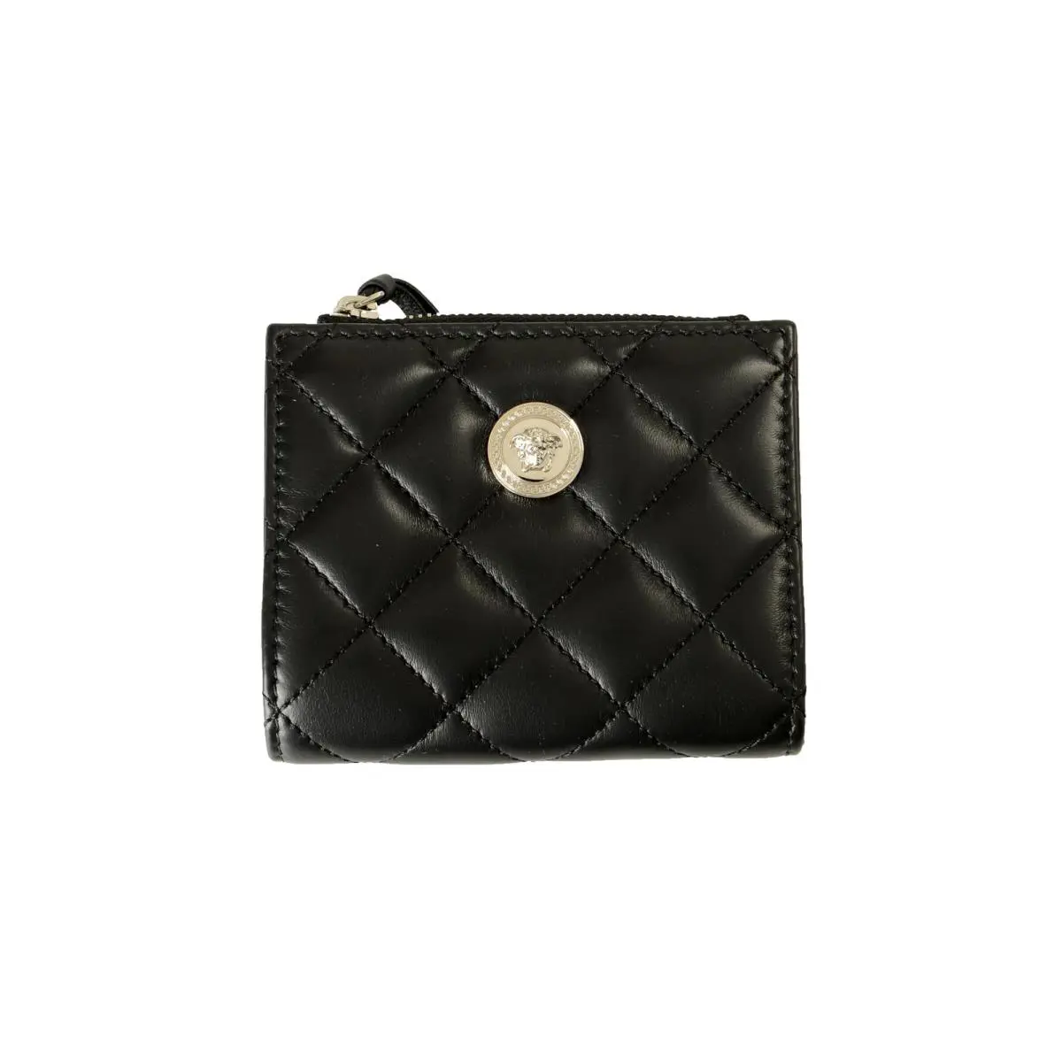 Versace Women`s Black Leather Quilted Card Case Compact Wallet
