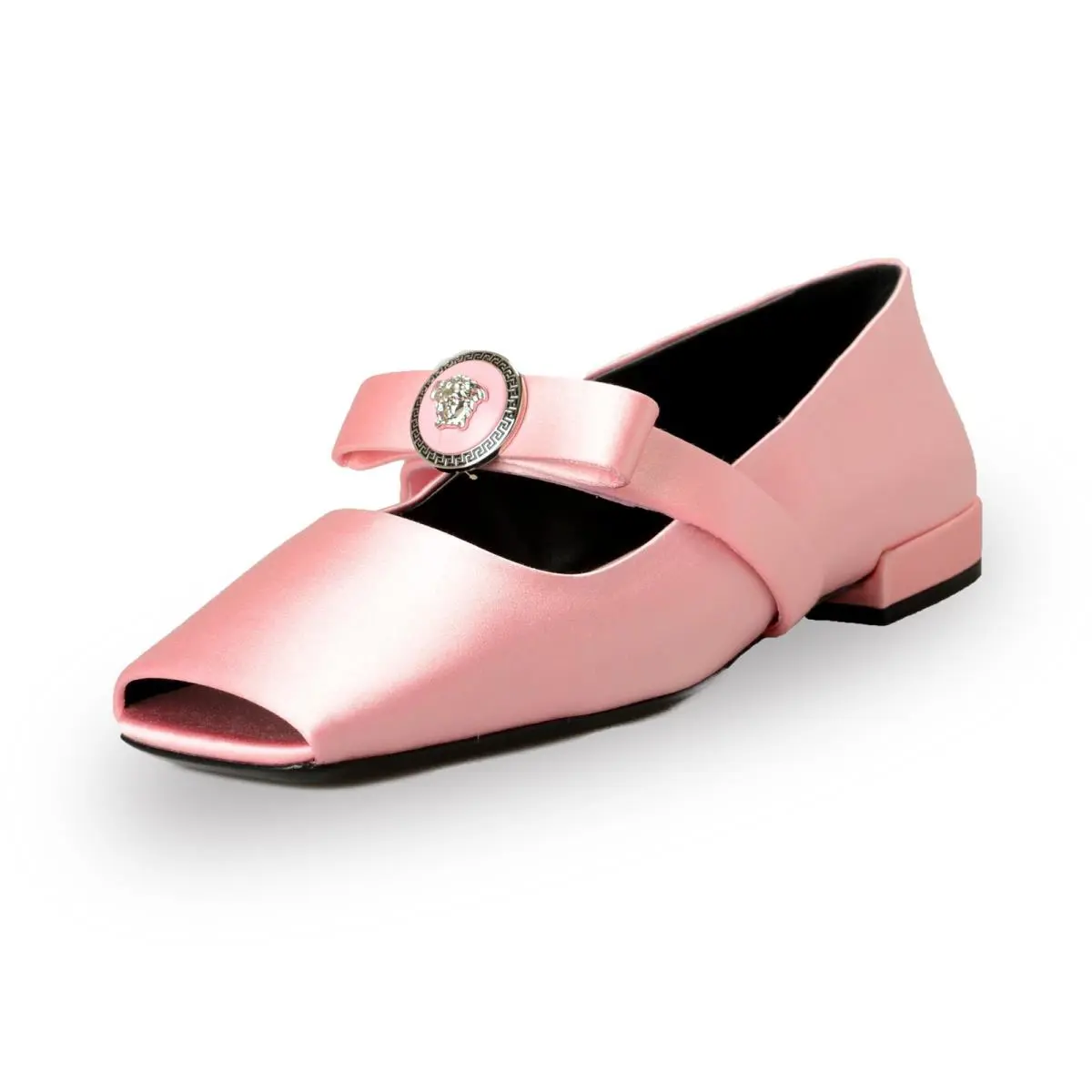Versace Women`s Satin Leather Silver Medusa Ballets Flat Shoes US 7 IT 37 - English Rose