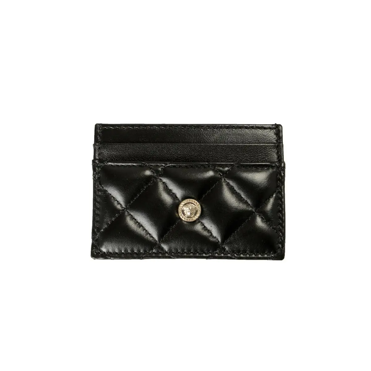 Versace Black Quilted Leather Silver Medusa Card Case Holder