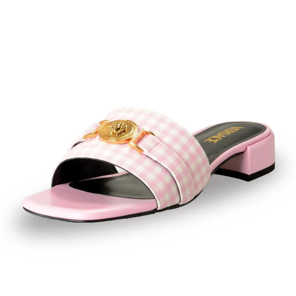 Versace Women`s Pink Leather Gold Medusa Sandals Flip Flop Shoes US 9 IT 39 - Pink/White/Gold