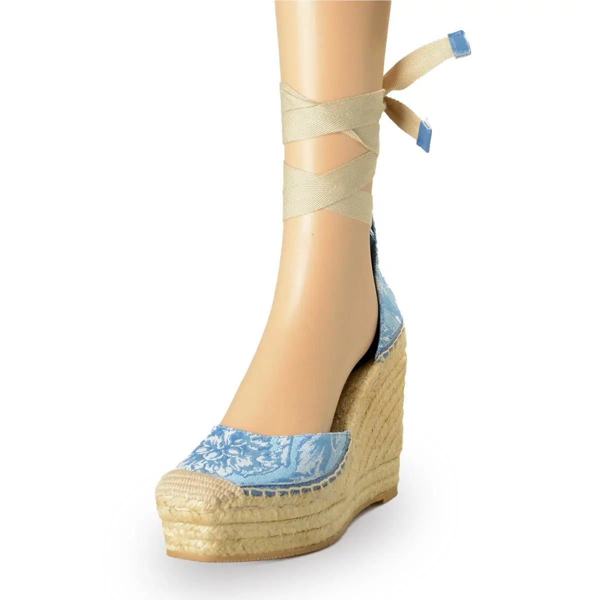 Versace Women`s Denim Barocco Print Ankle Strap Wedges Sandals Shoes US 11 IT 41