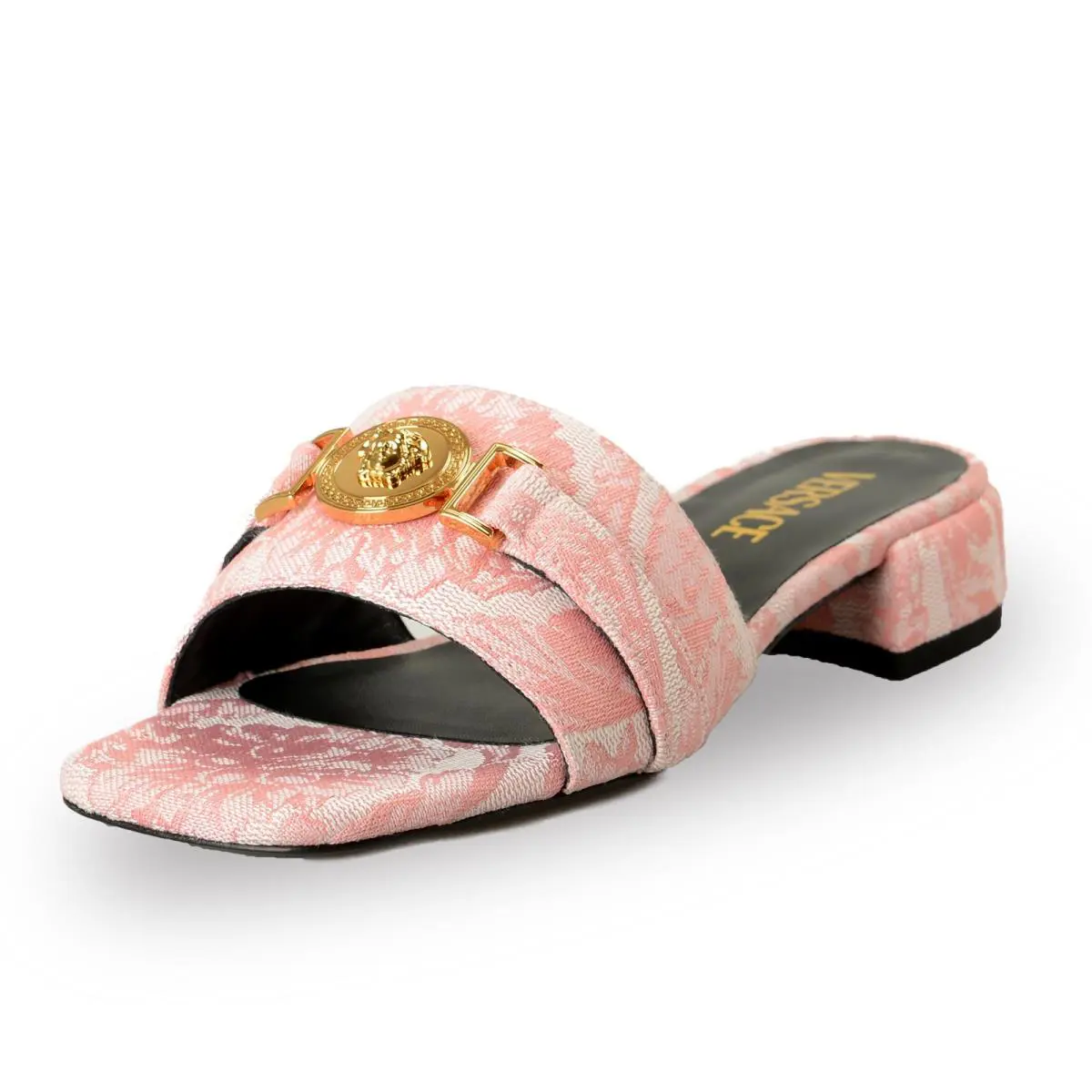 Versace Women`s Baby Pink Gold Medusa Jacquard Sandals Mules Shoes US 7 IT 37 - Baby Pink