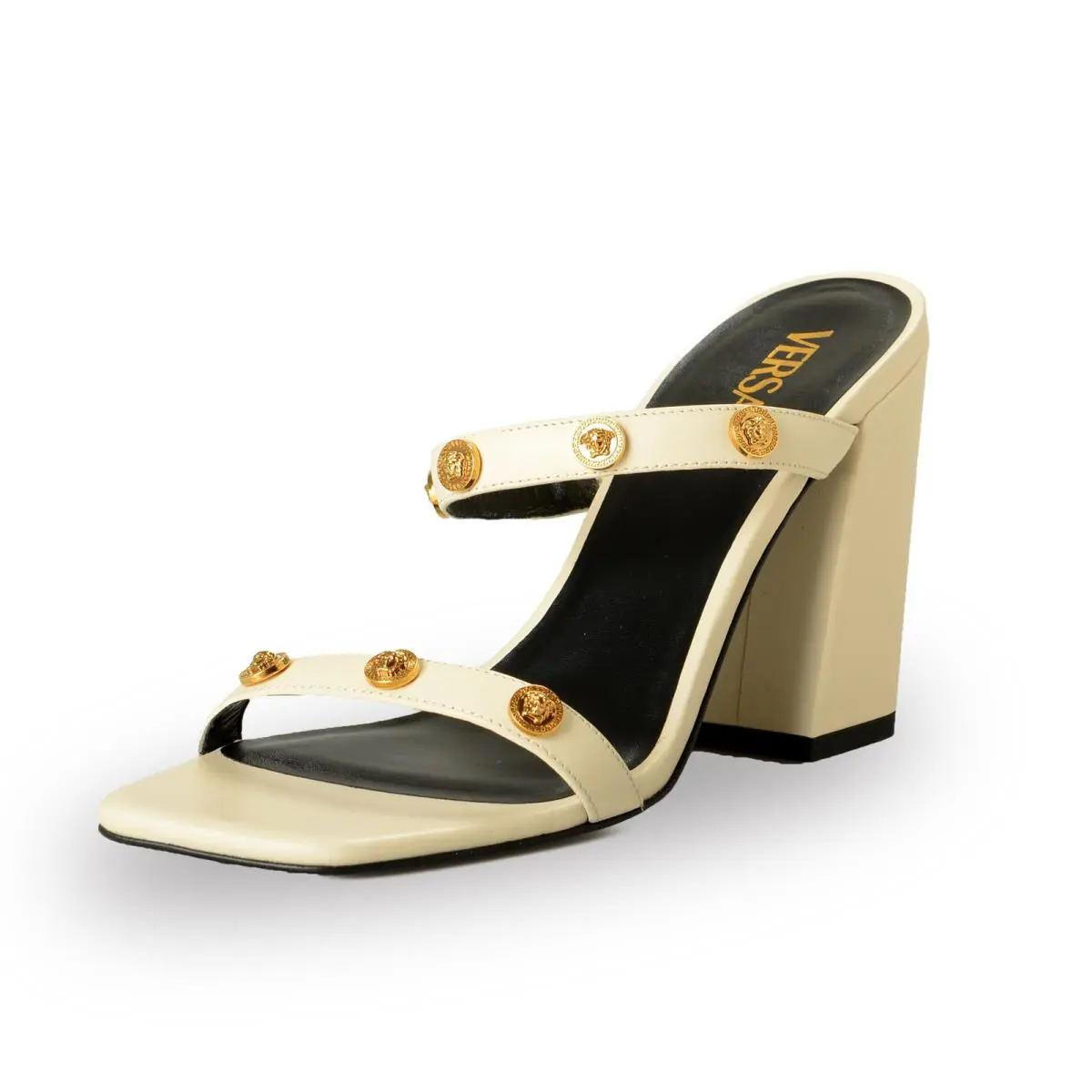 Versace Women`s Beige Gold Medusa Leather Sandals Mules Shoes US 10 IT 40 - Beige