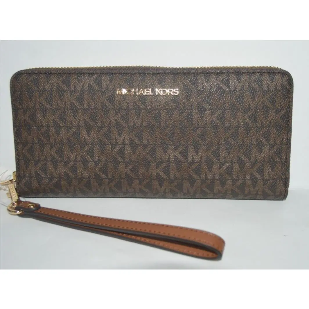 Michael Kors Jet Set Travel Large Continental Leather Wallet Brown MK Logo