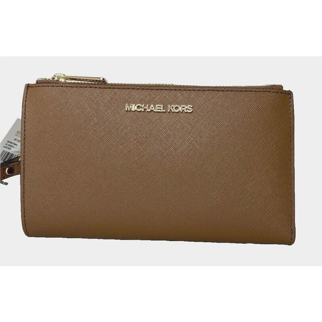 Michael Kors Jet Set Travel Double Zip Wristlet Wallet Leather Luggage