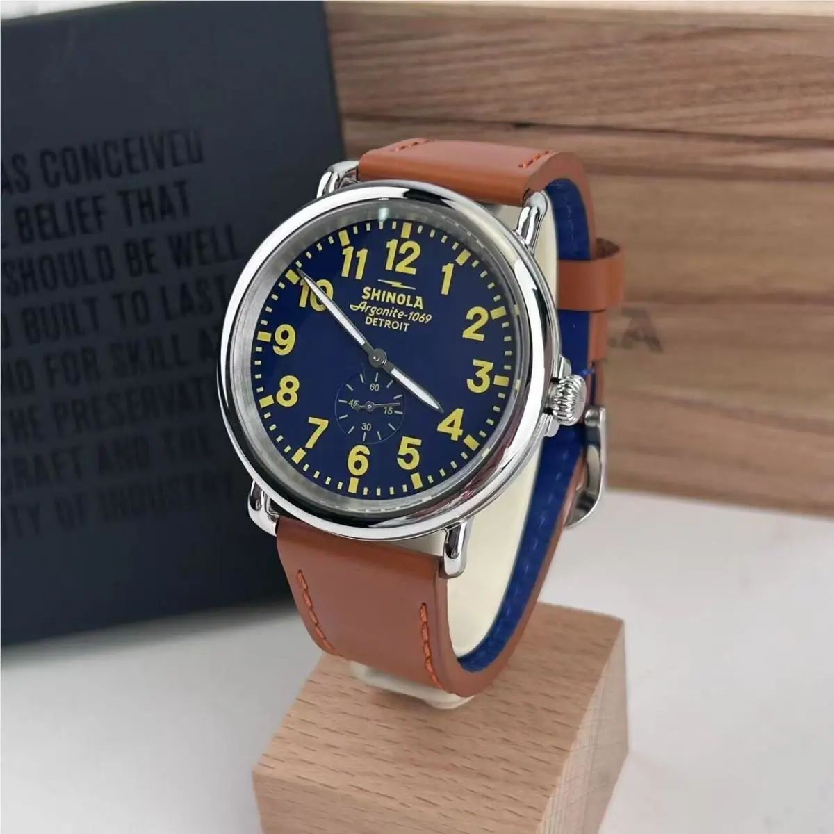 The Runwell Collegiate Blue Dial Brown Strap Men`s Quartz Watch - 47mm by Shinola