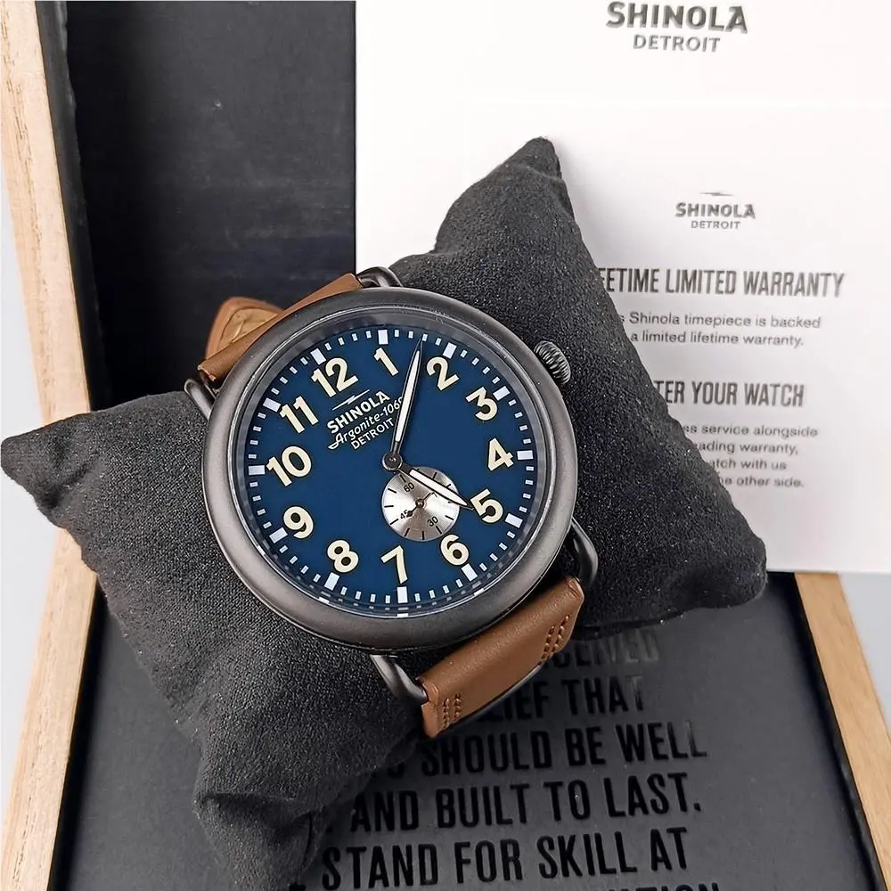 Men`s  Runwell 47mm Midnight Blue Dial Brown Leather Strap Quartz Watch by Shinola