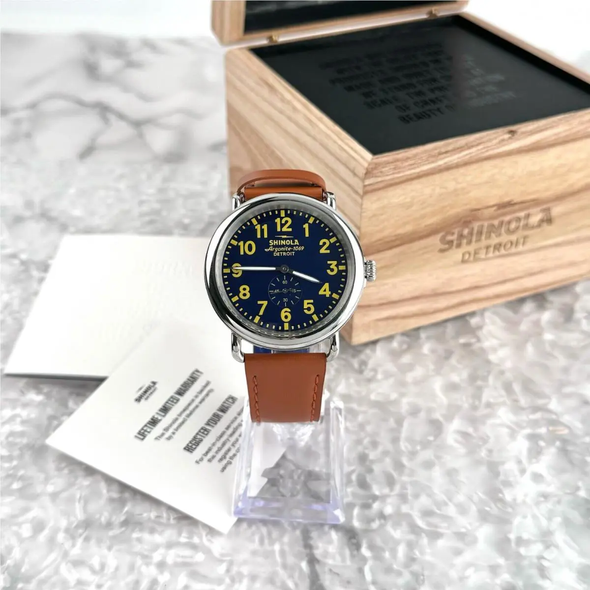 Classic Runwell 47MM Blue Dial with Brown Band Men`s Quartz Watch by Shinola