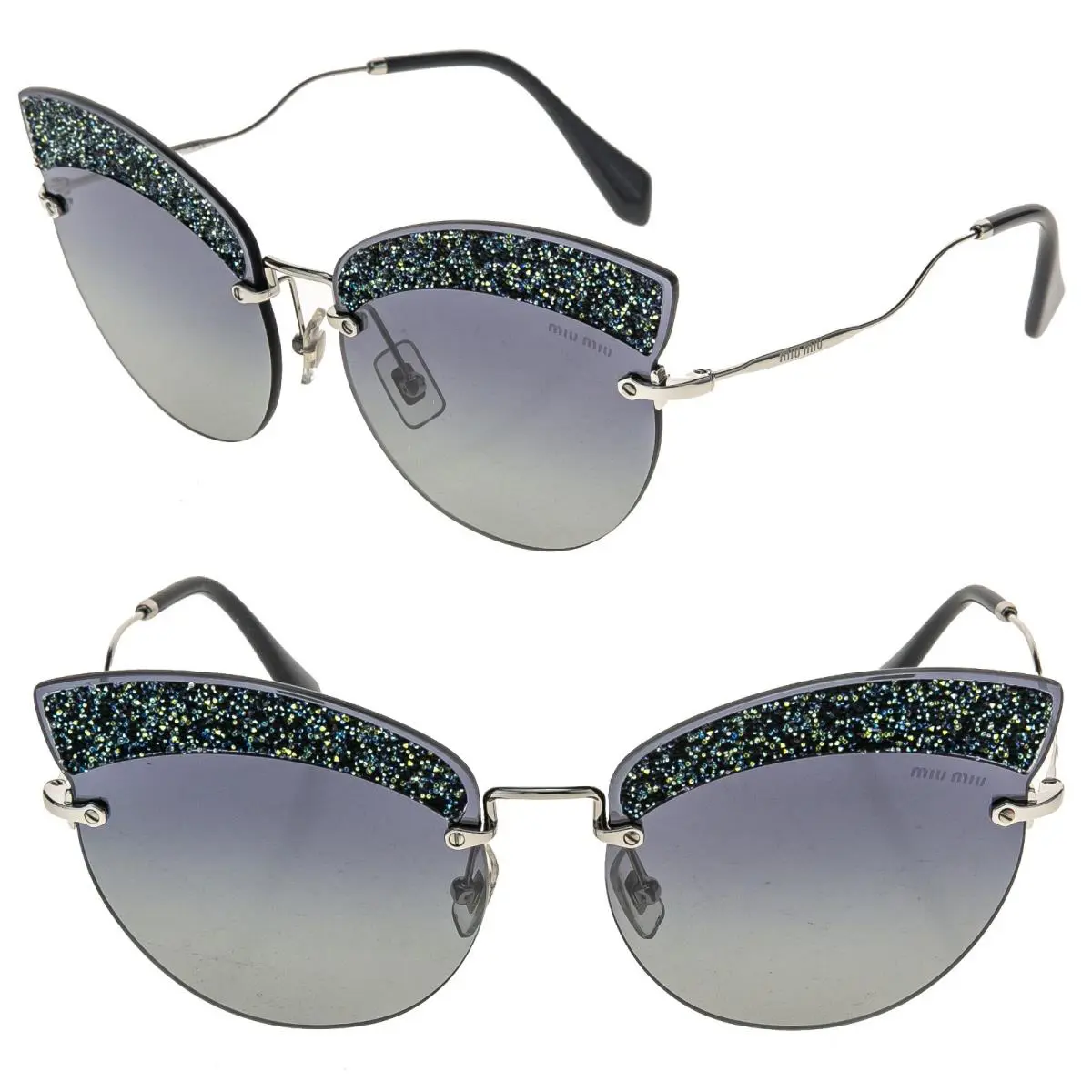 Miu Miu MU58TS 58T Glitter Fabric Rimless Blue Silver Crystal Sunglasses Women
