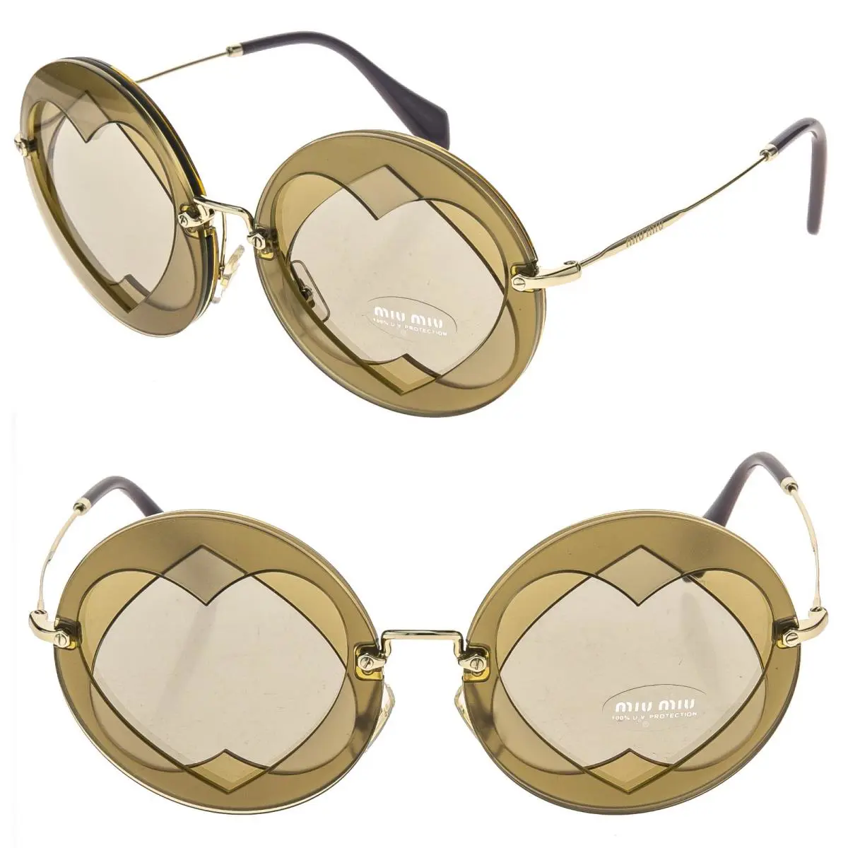 Miu Miu 01S MU01SS Overlapping Game Hazelnut Beige Mirror Round Heart Sunglasses