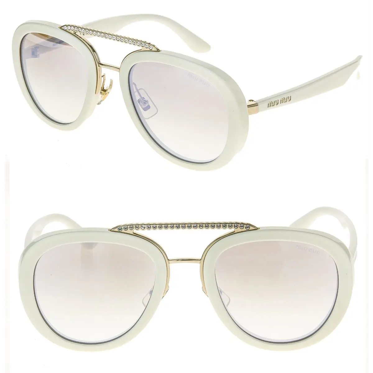 Miu Miu MU05VS Collection 05V White Silver Mirrored Crystal Bar Aviator Sunglass