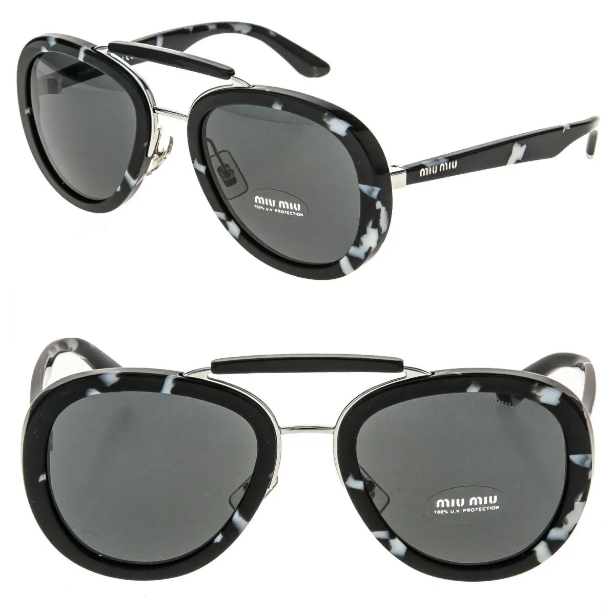 Miu Miu MU05VS Collection 05V White Black Spotted Bar Aviator Sunglasses
