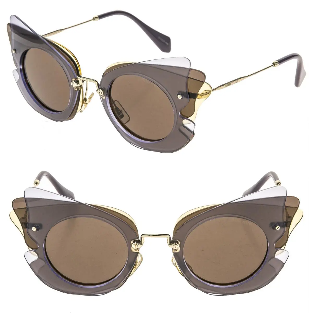 Miu Miu MU02SS Collection 02S Brown Lilac Gold Mirrored Butterfly Sunglasses