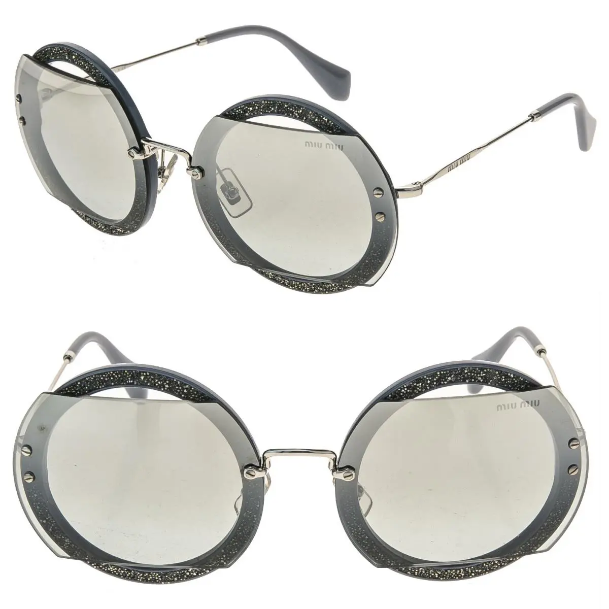Miu Miu MU06SS Reveal Glitter 06S Silver Grey Crystal Pave Mirrored Sunglasses
