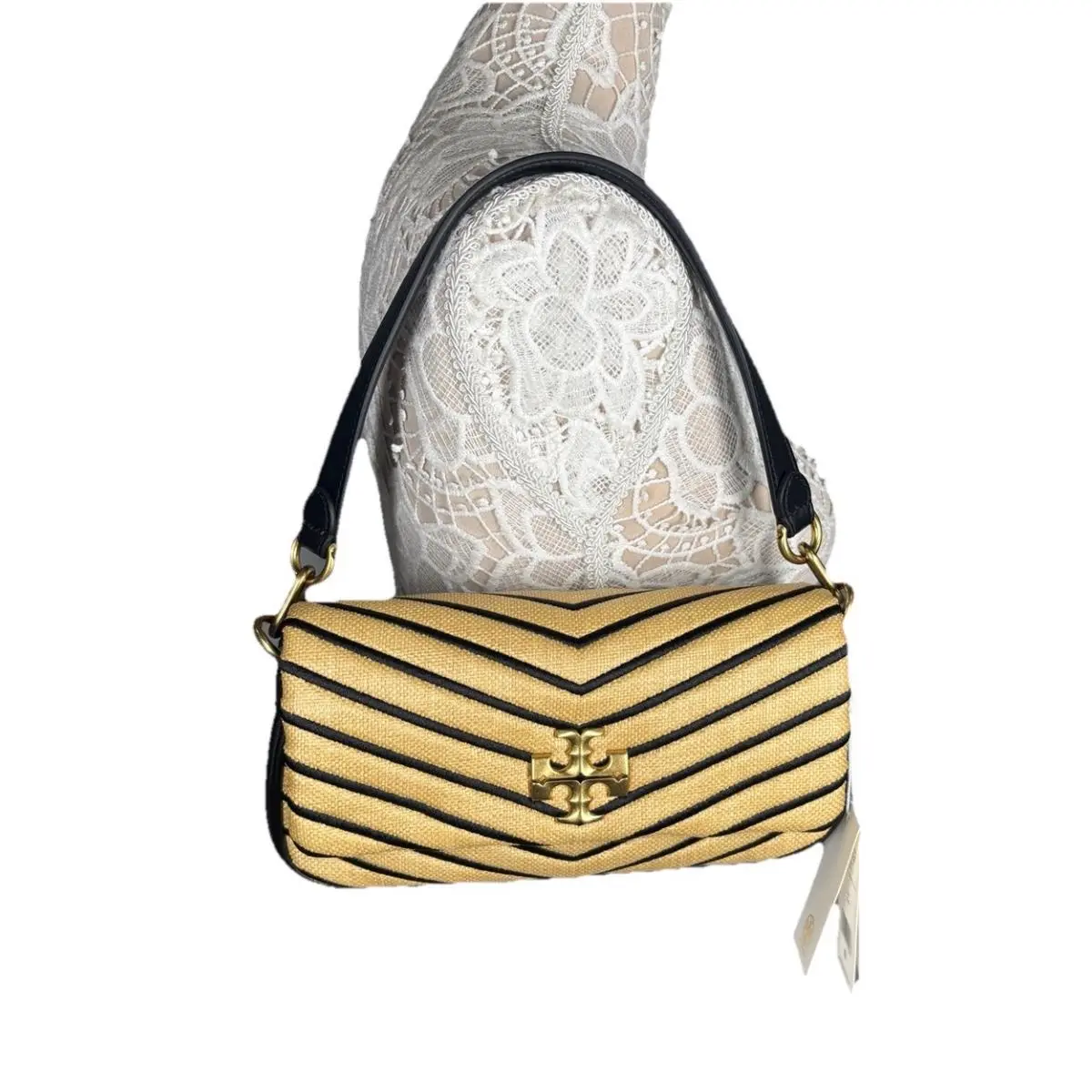 Tory Burch Kira Soft Straw Small Flap Shoulder Bag Color Natural Black