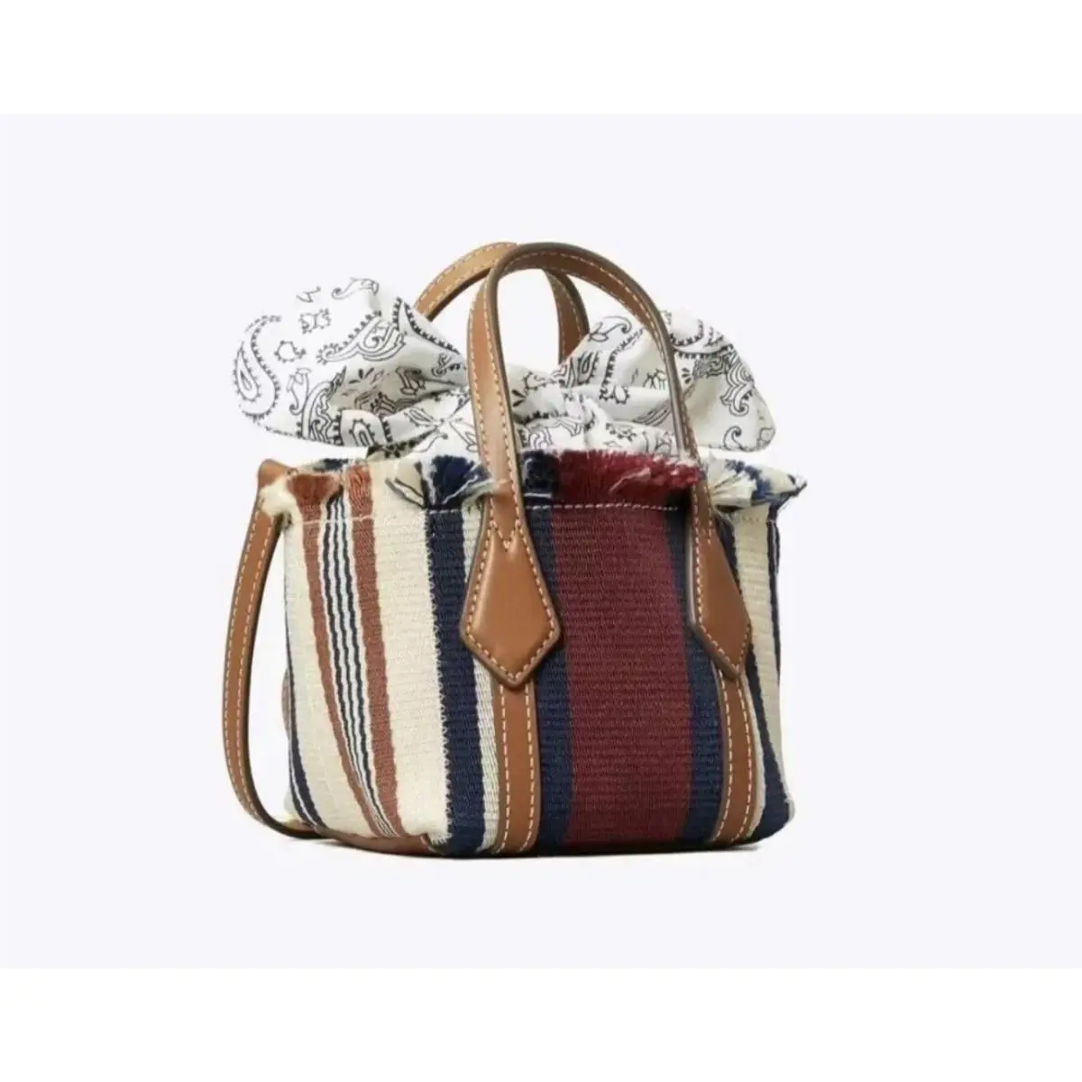 Tory Burch Nano Crossbody Tote Bag Perry Striped Canvas Webbing Read