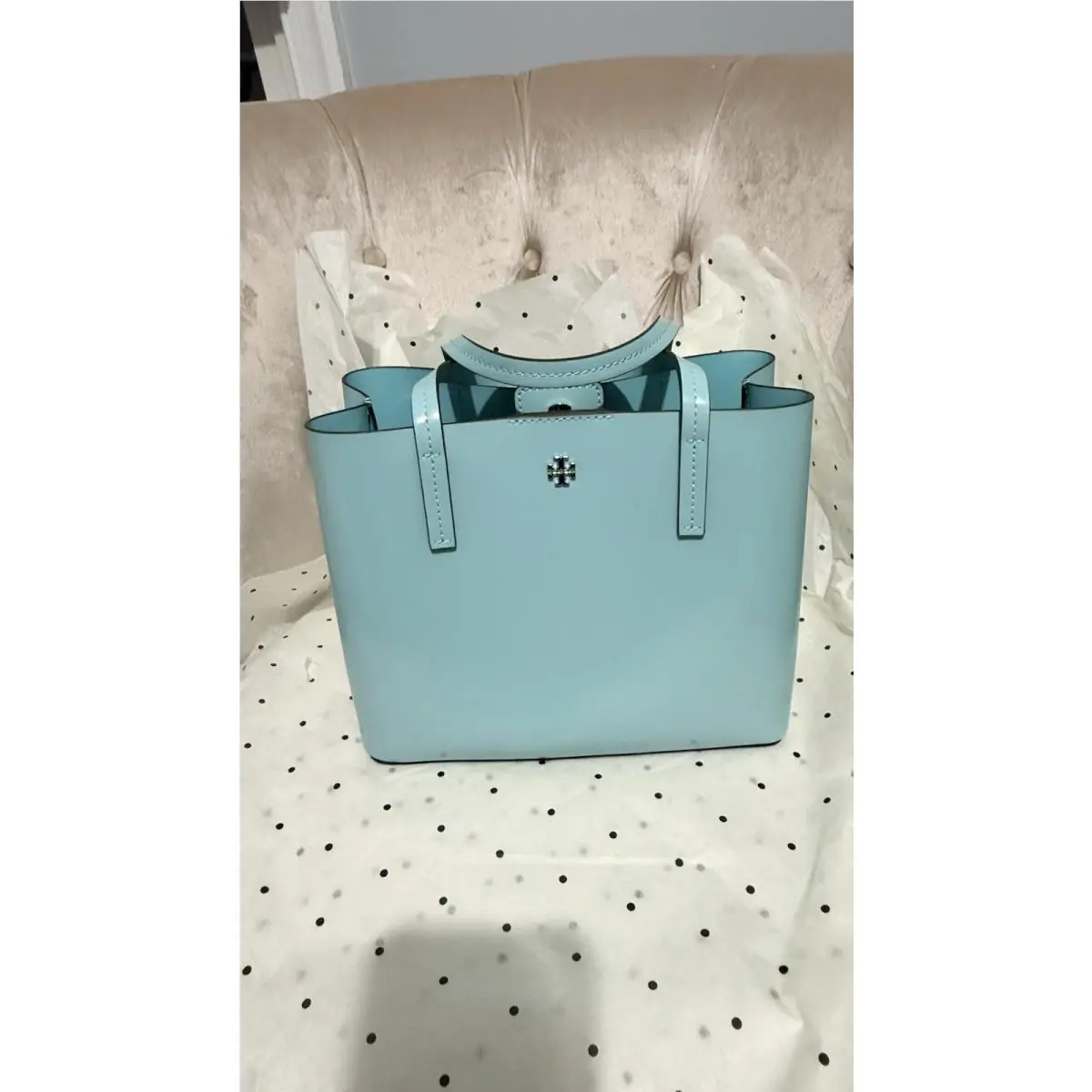 Tory Burch Angel Blue Patent Leather Small Blake Tote