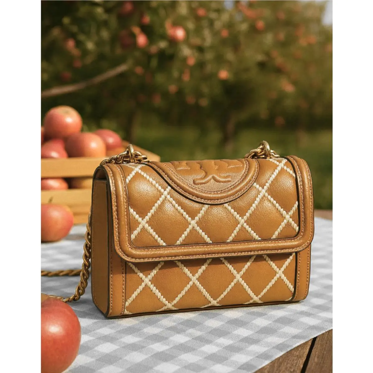 Tory Burch Fleming Pop Quilt Tan Leather Small Crossbody/shoulder Bag
