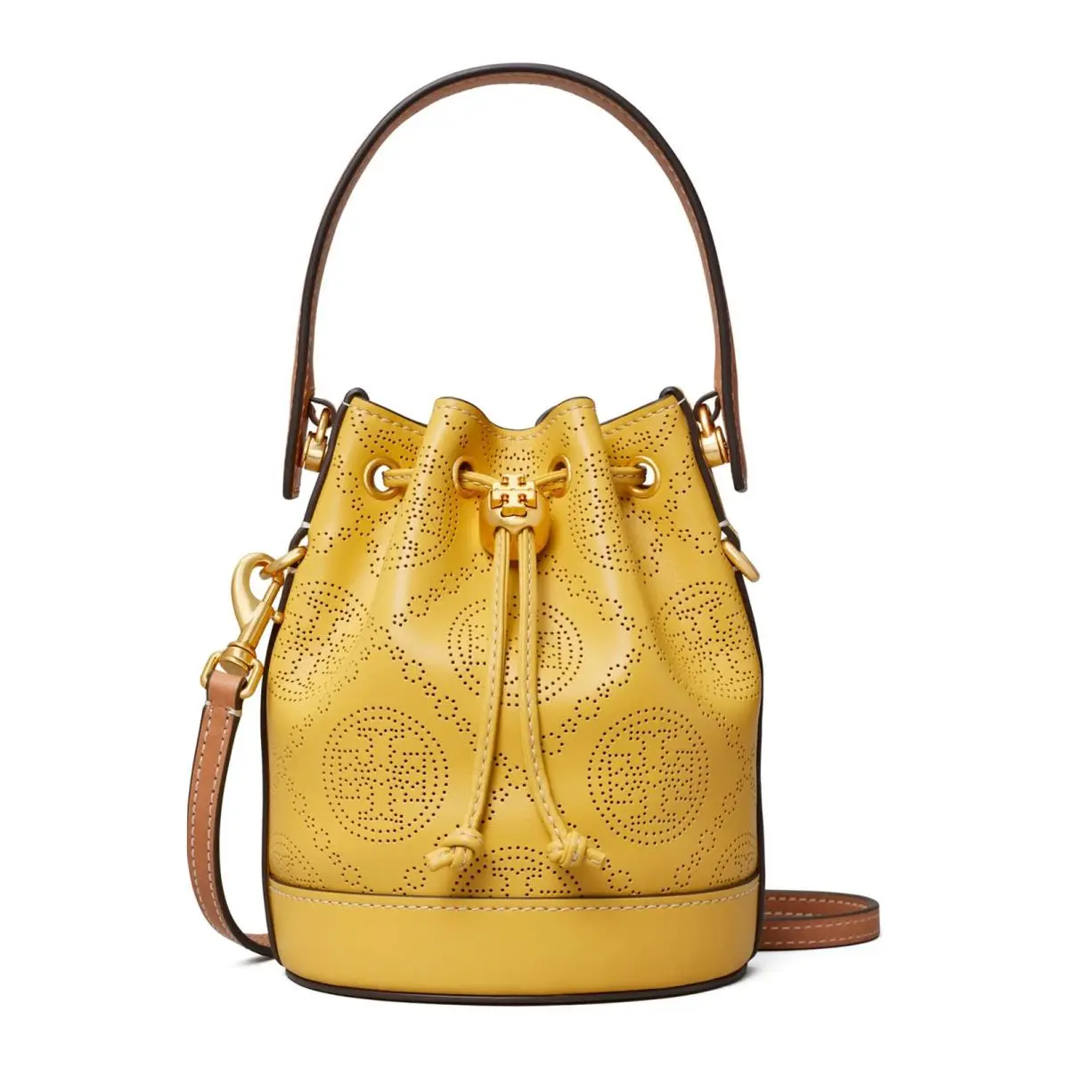 Tory Burch T-monogram Perforated Leather Mini Bucket Bag - Golden Sunset