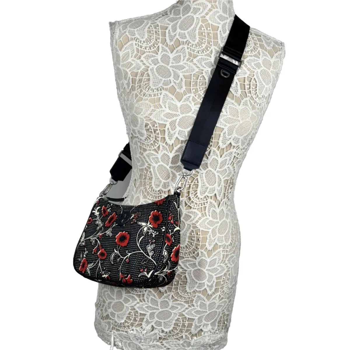 Tory Burch Nylon Printed Convertible Shoulder Bag Color Navy/red Retro W9xH7D2.5