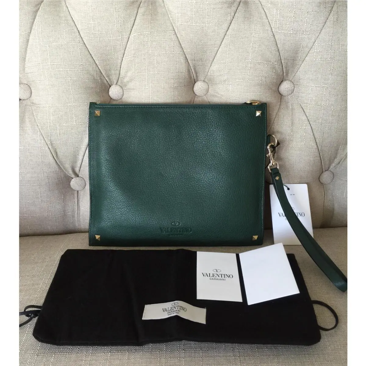 Valentino Garavani Nappa Leather Green Clutch Bag Wristlet Wallet