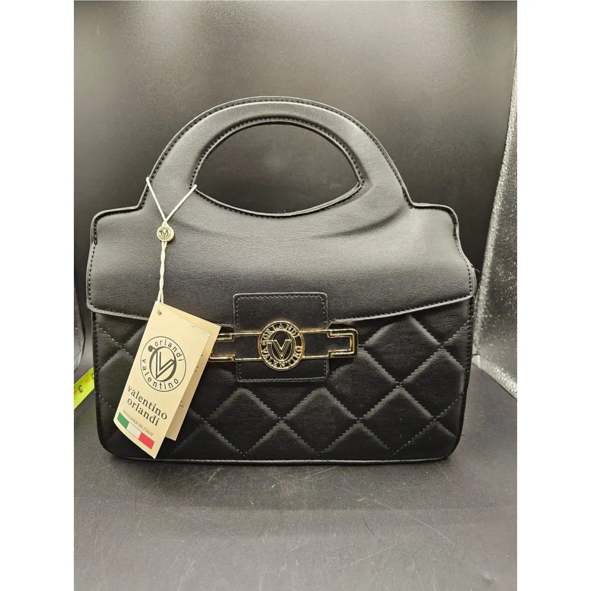Orlandi Black Quilted Leather Top Handle Bag V-2002 Gold Hardware by Valentino