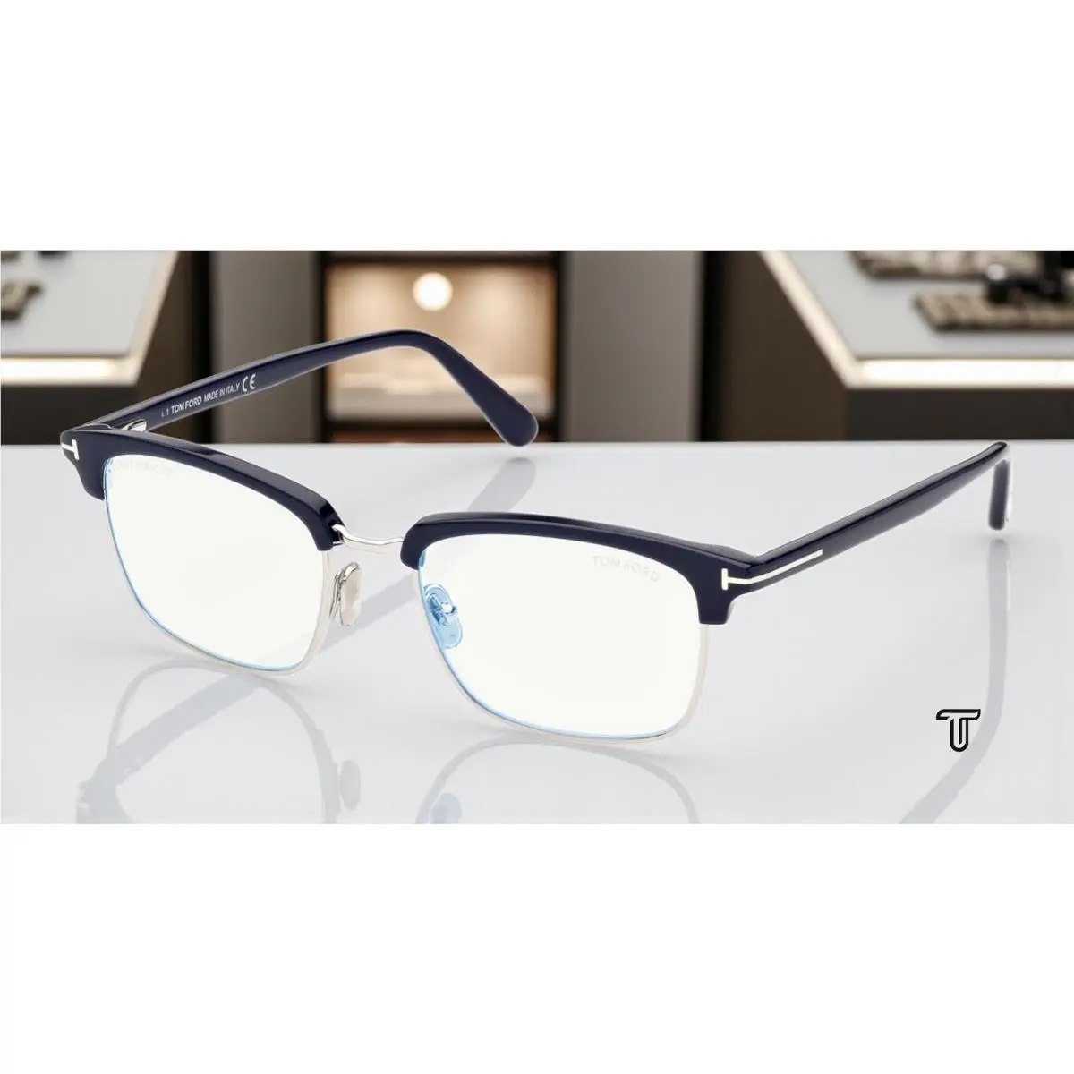 Tom Ford FT5801-B 090 Browline Shiny Blue Block Lens 54 mm Men`s Eyeglasses