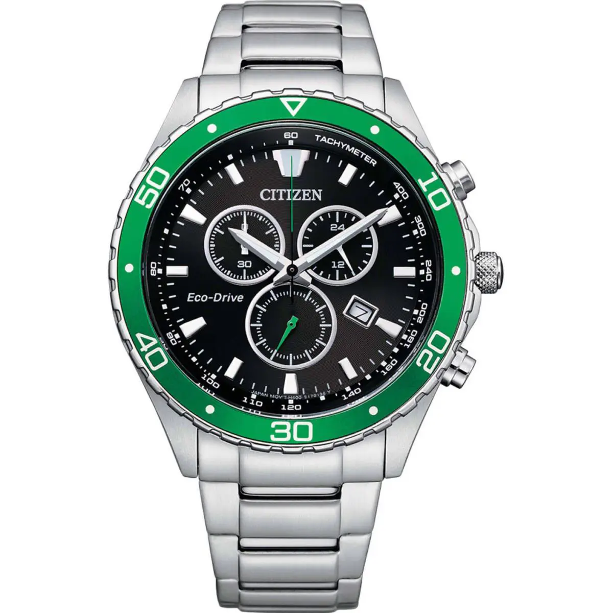 Citizen Men`s Watch Weekender Eco-drive Chrono Green Rotating Bezel AT2386-55E - Dial: Black, Band: Silver