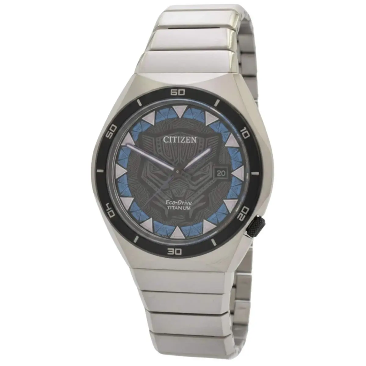 Citizen Men`s Watch Marvel Black Panther Eco-drive Titanium Bracelet AW1668-50W - Dial: Blue, Black, Band: Silver