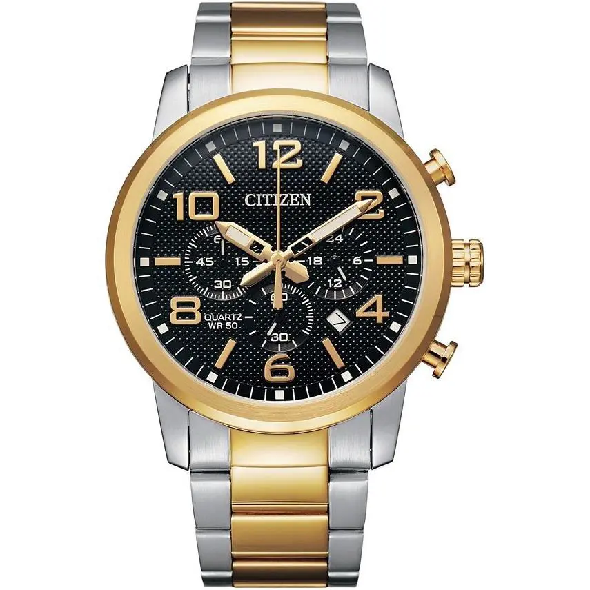 Citizen Mens Quartz Two Tone Stainless Steel Chronograph Date Watch AN8054-50E - Dial: Black, Band: Gold, Multicolor, Silver, Bezel: Gold