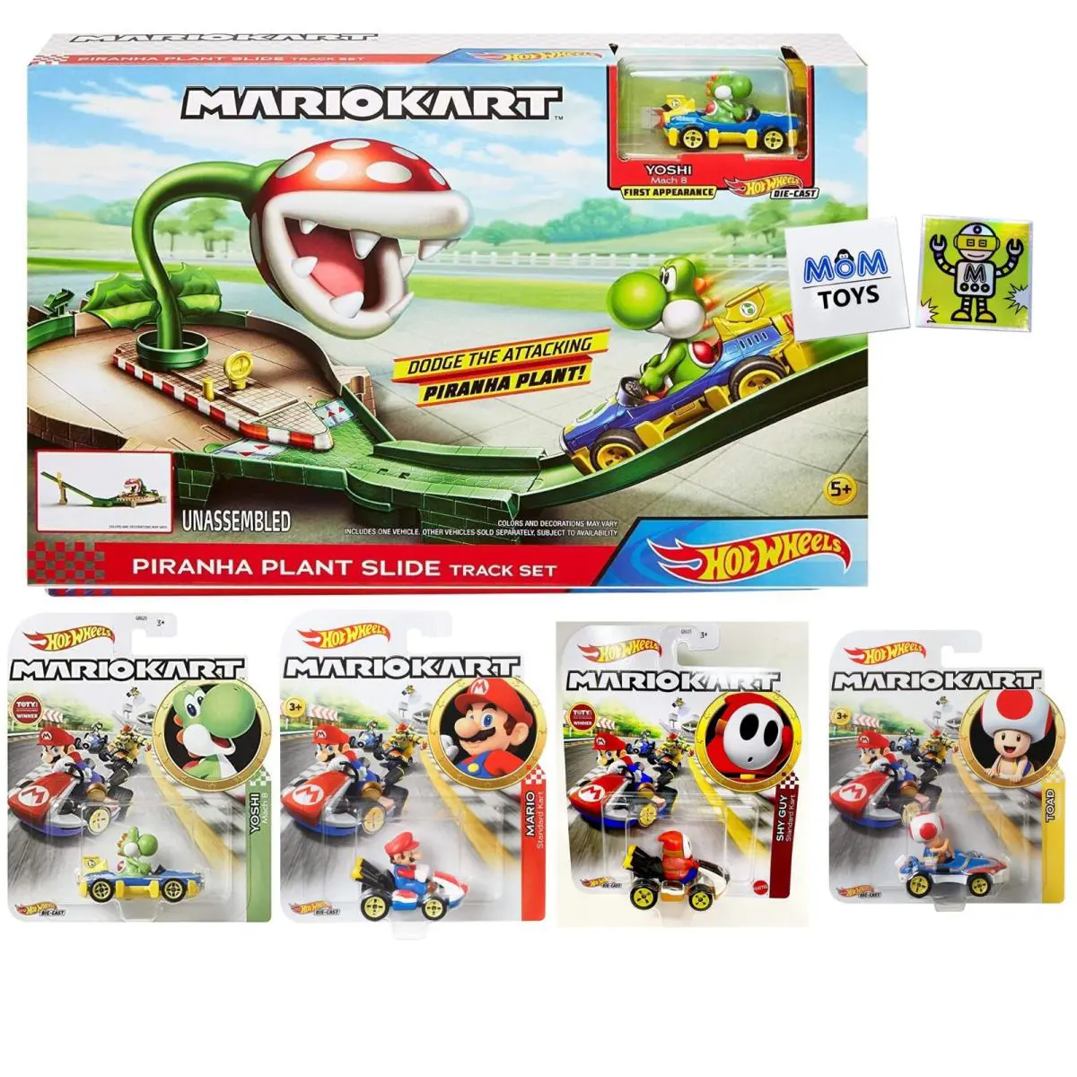Diecast Hotwheels Mario Kart Piranha Plant Slide Track Set Bundle with 4 Extras