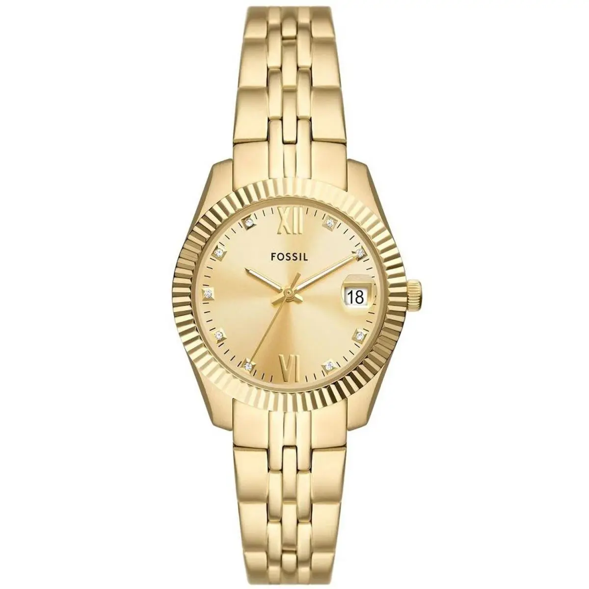 Fossil ES5338 Women`s Scarlette Mini 3-Hand Date Gold Tone Stainless Steel Watch - Dial: Gold, Band: Gold, Bezel: Gold